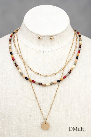 WOOD BEAD DISK PENDANT LAYERED CHAIN NECKLACE EARRING SET