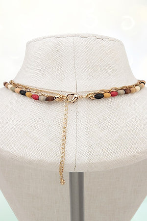 WOOD BEAD DISK PENDANT LAYERED CHAIN NECKLACE EARRING SET