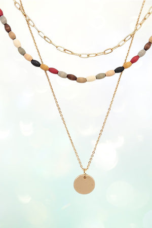 WOOD BEAD DISK PENDANT LAYERED CHAIN NECKLACE EARRING SET