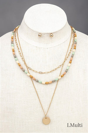 WOOD BEAD DISK PENDANT LAYERED CHAIN NECKLACE EARRING SET