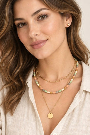 WOOD BEAD DISK PENDANT LAYERED CHAIN NECKLACE EARRING SET