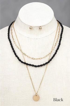 WOOD BEAD DISK PENDANT LAYERED CHAIN NECKLACE EARRING SET