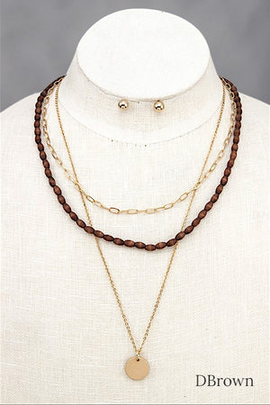 WOOD BEAD DISK PENDANT LAYERED CHAIN NECKLACE EARRING SET
