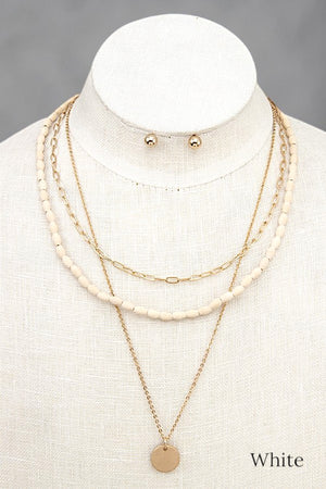 WOOD BEAD DISK PENDANT LAYERED CHAIN NECKLACE EARRING SET