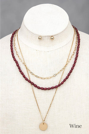 WOOD BEAD DISK PENDANT LAYERED CHAIN NECKLACE EARRING SET