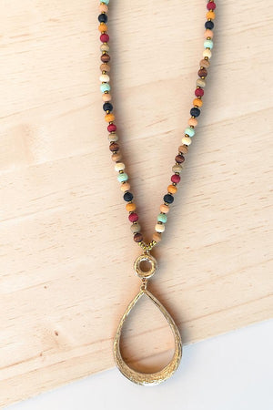 WOODEN BEAD TEXTURED TEARDROP PENDANT LONG NECKLACE EARRING SET