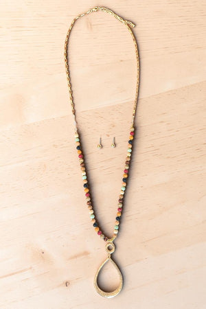 WOODEN BEAD TEXTURED TEARDROP PENDANT LONG NECKLACE EARRING SET