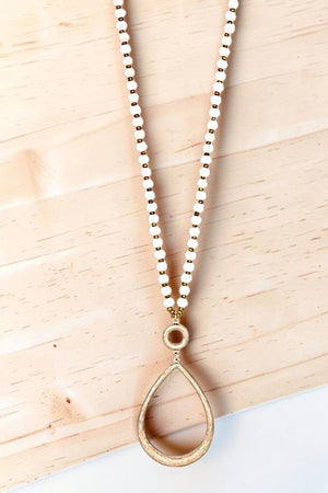 WOODEN BEAD TEXTURED TEARDROP PENDANT LONG NECKLACE EARRING SET