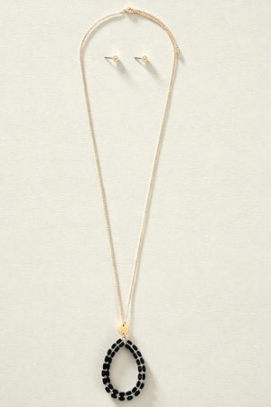 WOOD BEAD TEARDROP PENDANT LONG NECKLACE