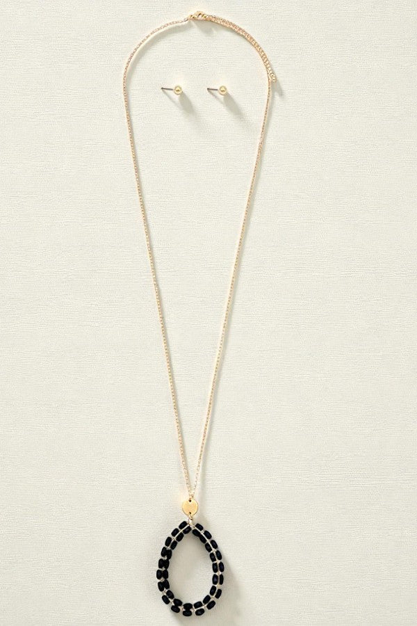 WOOD BEAD TEARDROP PENDANT LONG NECKLACE