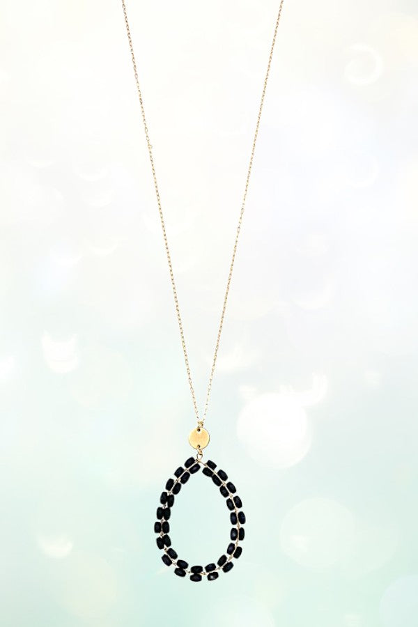 WOOD BEAD TEARDROP PENDANT LONG NECKLACE