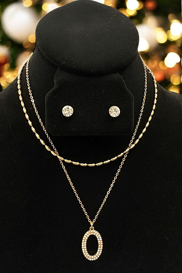 Rhinestone Oval Pendant Layered Necklace Set