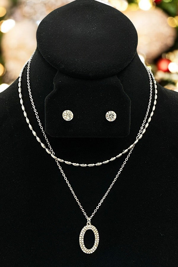 Rhinestone Oval Pendant Layered Necklace Set