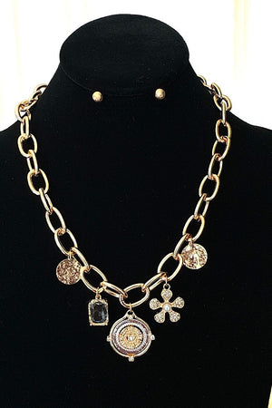 COIN & MULTI CHARMS CHAIN LINK NECKLACE SET