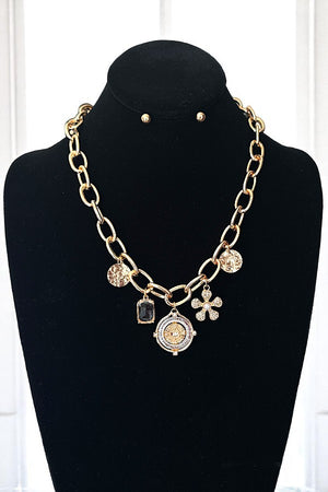 COIN & MULTI CHARMS CHAIN LINK NECKLACE SET