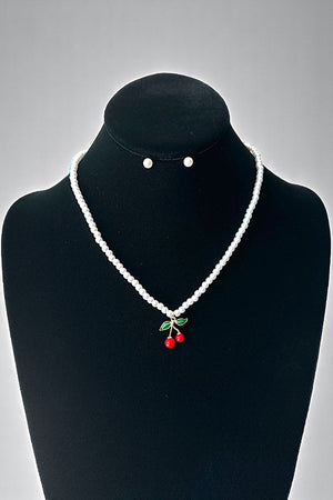 CHERRY CHARM 4MM PEARL NECKLACE SET
