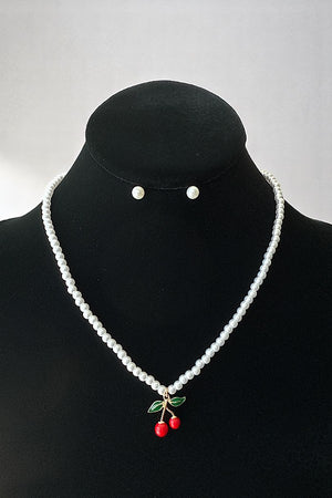 CHERRY CHARM 4MM PEARL NECKLACE SET