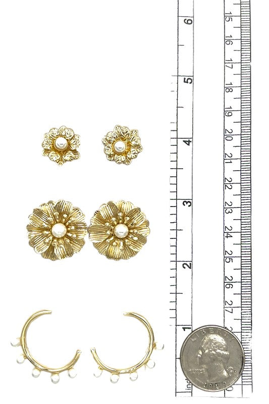 Floral Mix Pearl Accent Earring Set