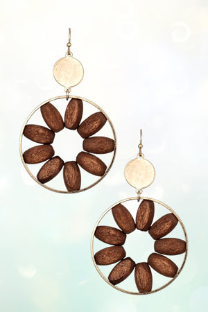 ROUND FRAMED WOOD FLORAL LINK DANGLE EARRING