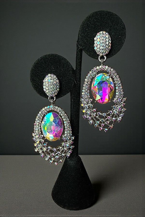 OVAL CRYSTAL GEM RHINESTONE PAVE DROP EARRING