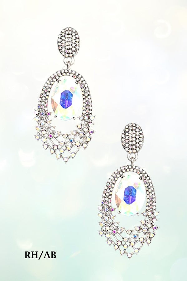 OVAL CRYSTAL GEM RHINESTONE PAVE DROP EARRING
