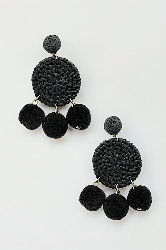 Round Woven Pom Pom Dangle Earring