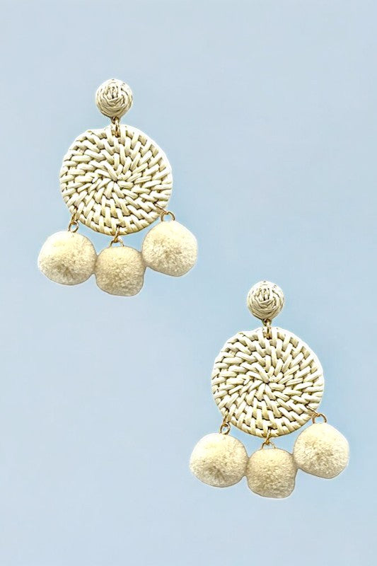 Round Woven Pom Pom Dangle Earring