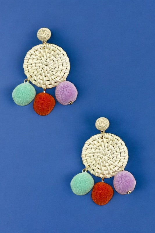 Round Woven Pom Pom Dangle Earring