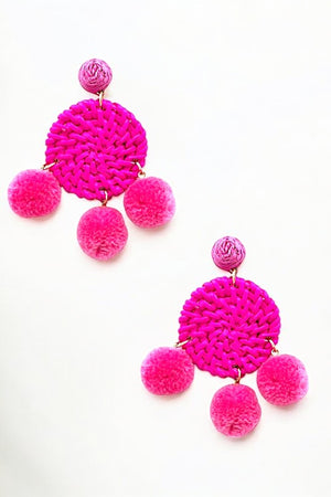 Round Woven Pom Pom Dangle Earring