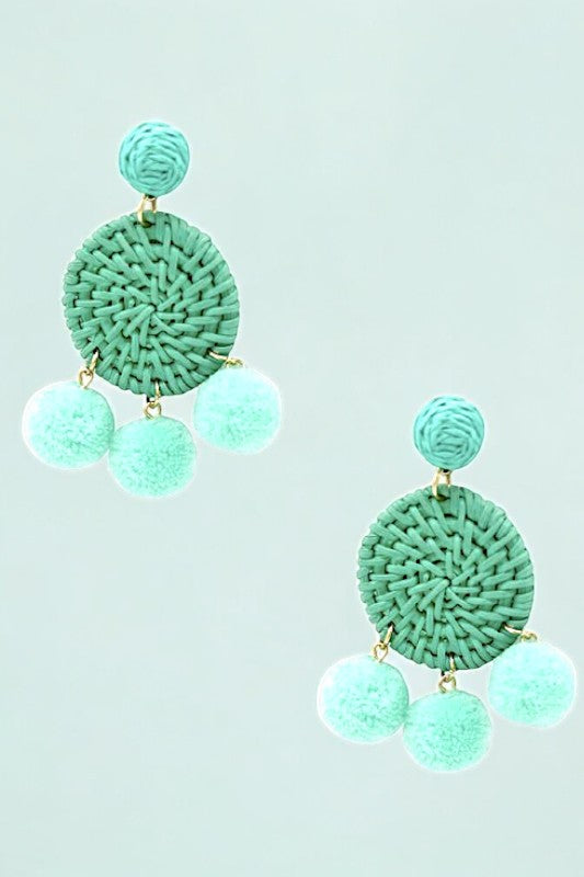 Round Woven Pom Pom Dangle Earring