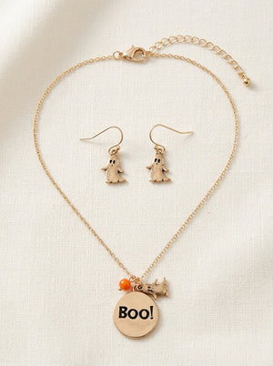BOO DISK PENDANT NECKLACE AND GHOST DANGLE EARRING SET
