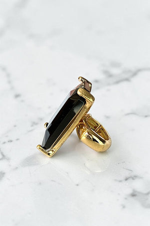 LARGE FACETED BLACK RECTANGULAR GEMSTONE STRETCH RING