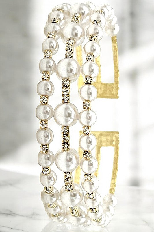 Rhinestone Pearl Triple Row Flex Bracelet