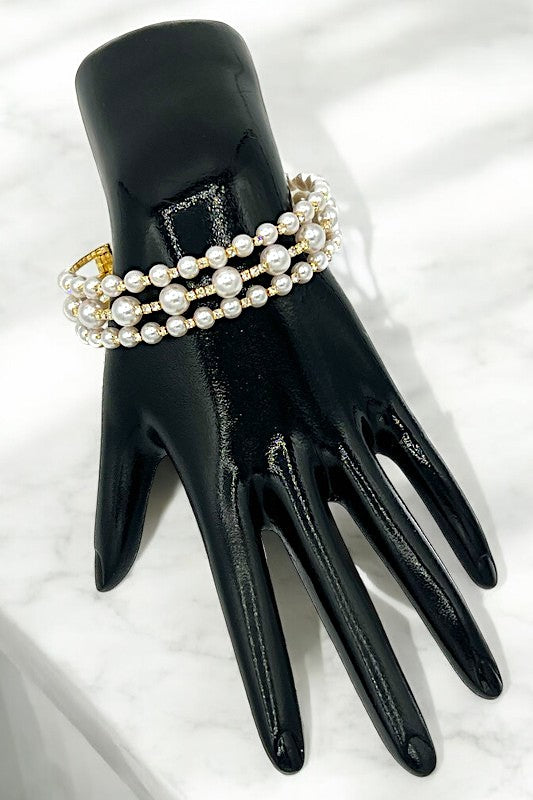 Rhinestone Pearl Triple Row Flex Bracelet