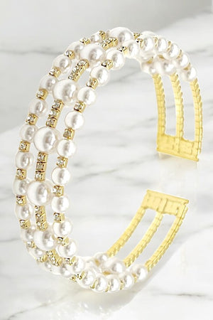 Rhinestone Pearl Triple Row Flex Bracelet