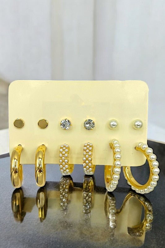 Pearl Accent Mix Stud Hoop Earring Set