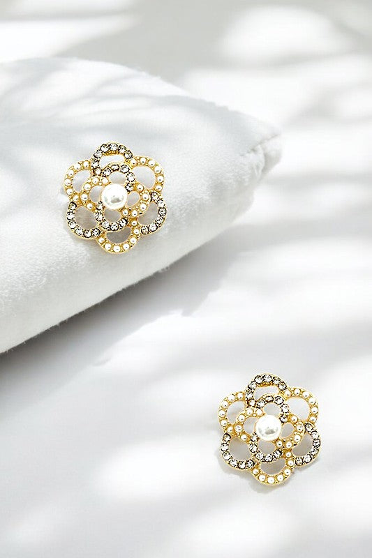 Pearl Rhinestone Floral Post Earring