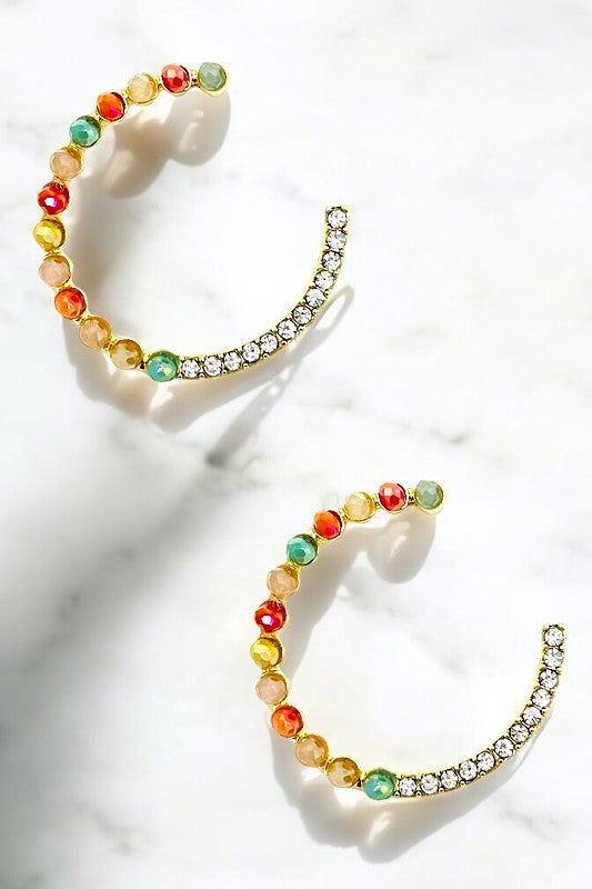 Multi Glass Bead Rhinestone Semi Hoop Earring