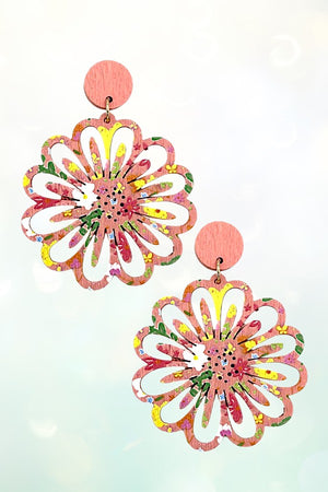 FLORAL CUT OUT WOOD DANGLE EARRING