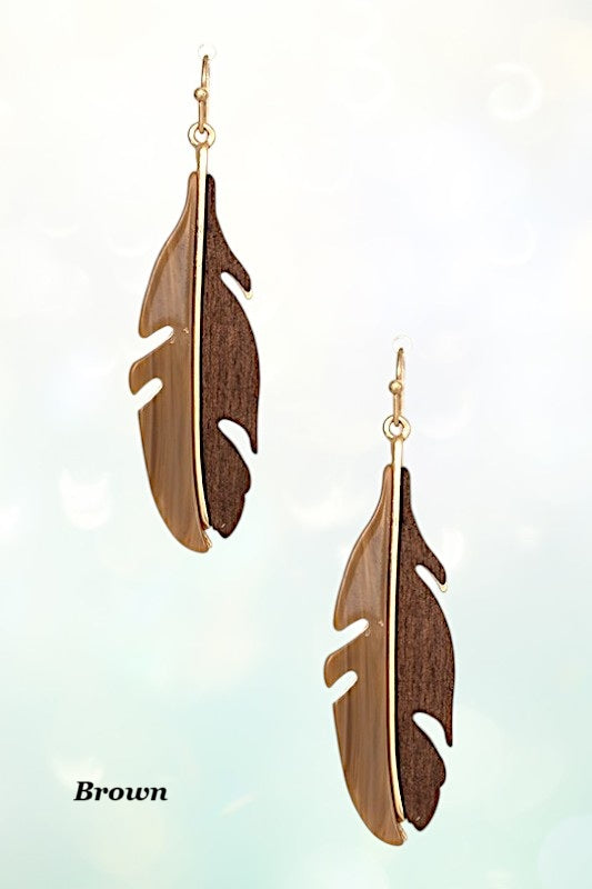 WOOD AND ACETATE DANGLE FEATHER EARRING