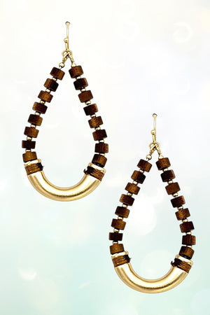 COLOR WOOD BEAD TEARDROP DANGLE EARRING
