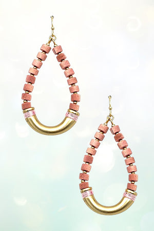 COLOR WOOD BEAD TEARDROP DANGLE EARRING