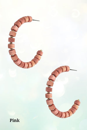 WOOD BEAD SEMI HOOP EARRING