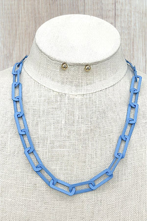 FLAT PAPER CLIP CHAIN NECKLACE AND BALL POST EARRING SET