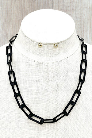 FLAT PAPER CLIP CHAIN NECKLACE AND BALL POST EARRING SET