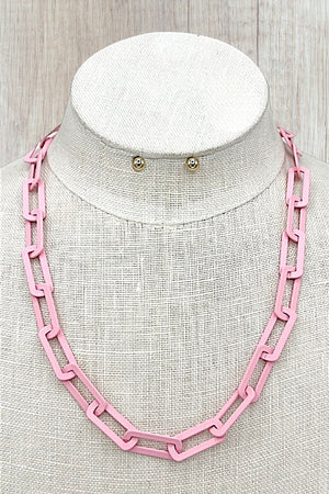 FLAT PAPER CLIP CHAIN NECKLACE AND BALL POST EARRING SET