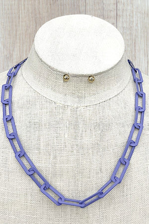 FLAT PAPER CLIP CHAIN NECKLACE AND BALL POST EARRING SET