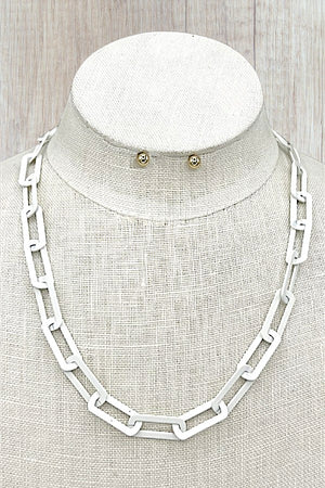 FLAT PAPER CLIP CHAIN NECKLACE AND BALL POST EARRING SET