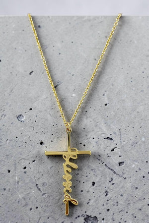 CURSIVE BLESSED SCRIPTED CROSS PENDANT NECKLACE