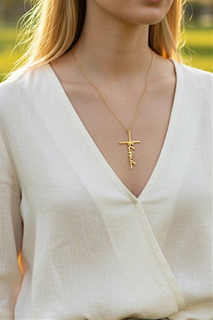CURSIVE BLESSED SCRIPTED CROSS PENDANT NECKLACE